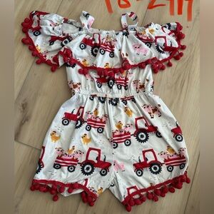 Charming Farm Print Kids Romper - Red and White